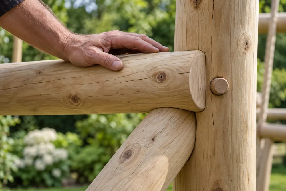 Illustratief sfeerbeeld van een hand op een houten verbinding, met groen op de achtergrond